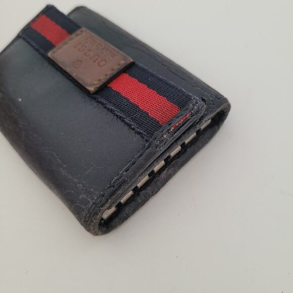 Gucci Logo Key Holder Wallet Case Leather Small Unisex Black Trifold Striped - Picture 11 of 12